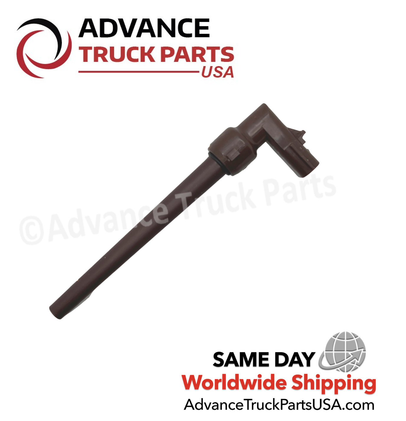 Advance Truck Parts USA Cascadia coolant level sensor 06-96622-002 featuring a brown cylindrical probe and 2-pin connector in a branded studio view