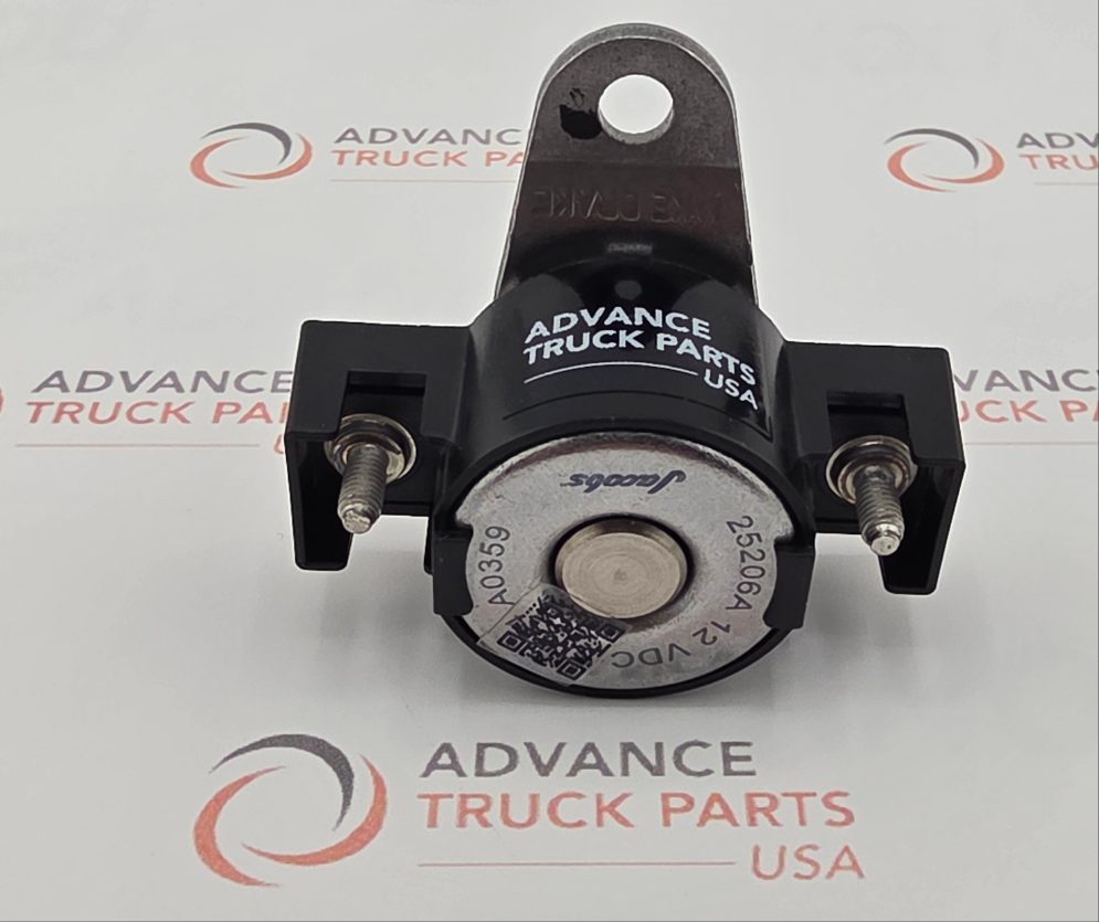 Advance Truck Parts USA branded studio close-up view showing the dual terminal studs, 12VDC specs, and QR code on the Cummins 3686406 solenoid base