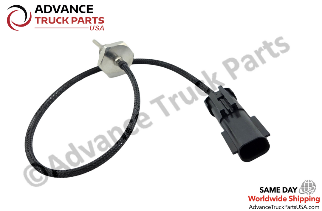 Advance Truck Parts USA Cummins engine EGR temperature sensor displaying an angled perspective of the metal hex body, braided wire harness loop, and black plastic connector housing