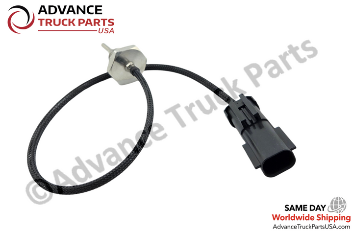Advance Truck Parts USA Cummins engine EGR temperature sensor displaying an angled perspective of the metal hex body, braided wire harness loop, and black plastic connector housing