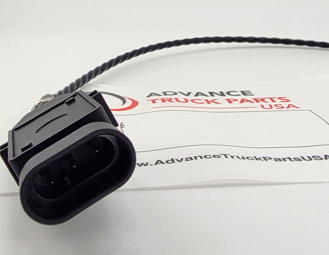 Advance Truck Parts USA Cummins turbocharger speed sensor displaying a close-up front perspective of the black oval connector housing and 3 male terminal pins