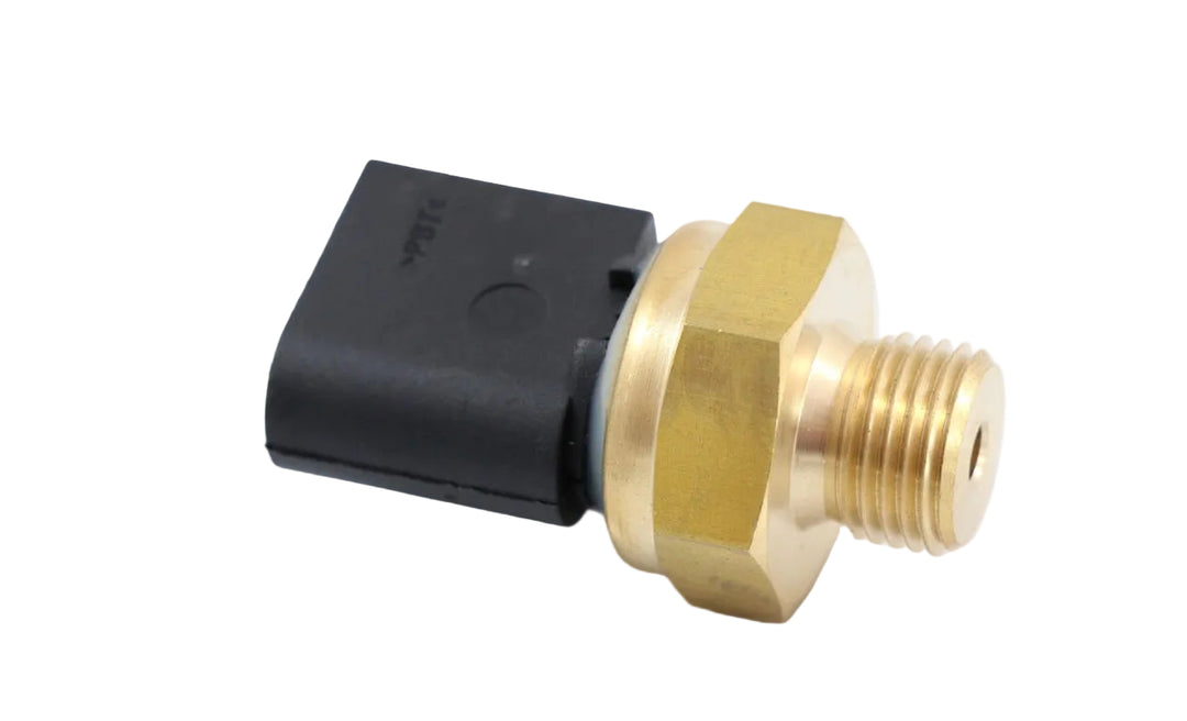 Advance Truck Parts USA DDCA0071530828 Detroit Diesel oil pressure sensor featuring threaded brass fitting, hex mounting collar, and black polymer electrical connection housing