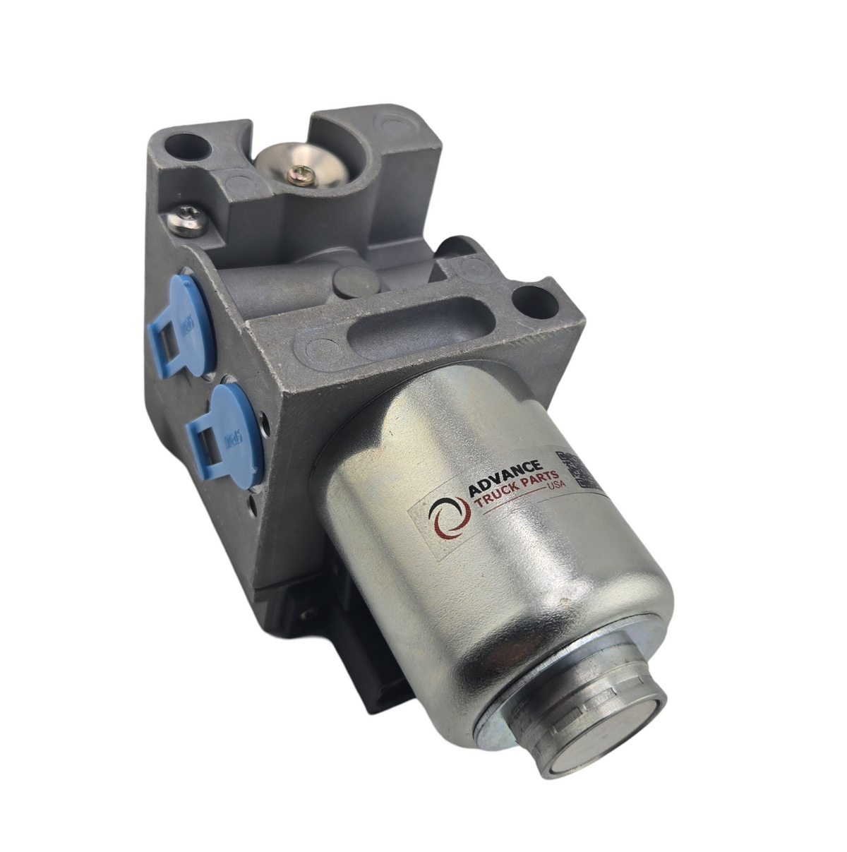 Advance Truck Parts USA DDE Freightliner VPOD control valve showcasing the grey cast metal manifold body, blue protective port caps, and silver cylindrical solenoid