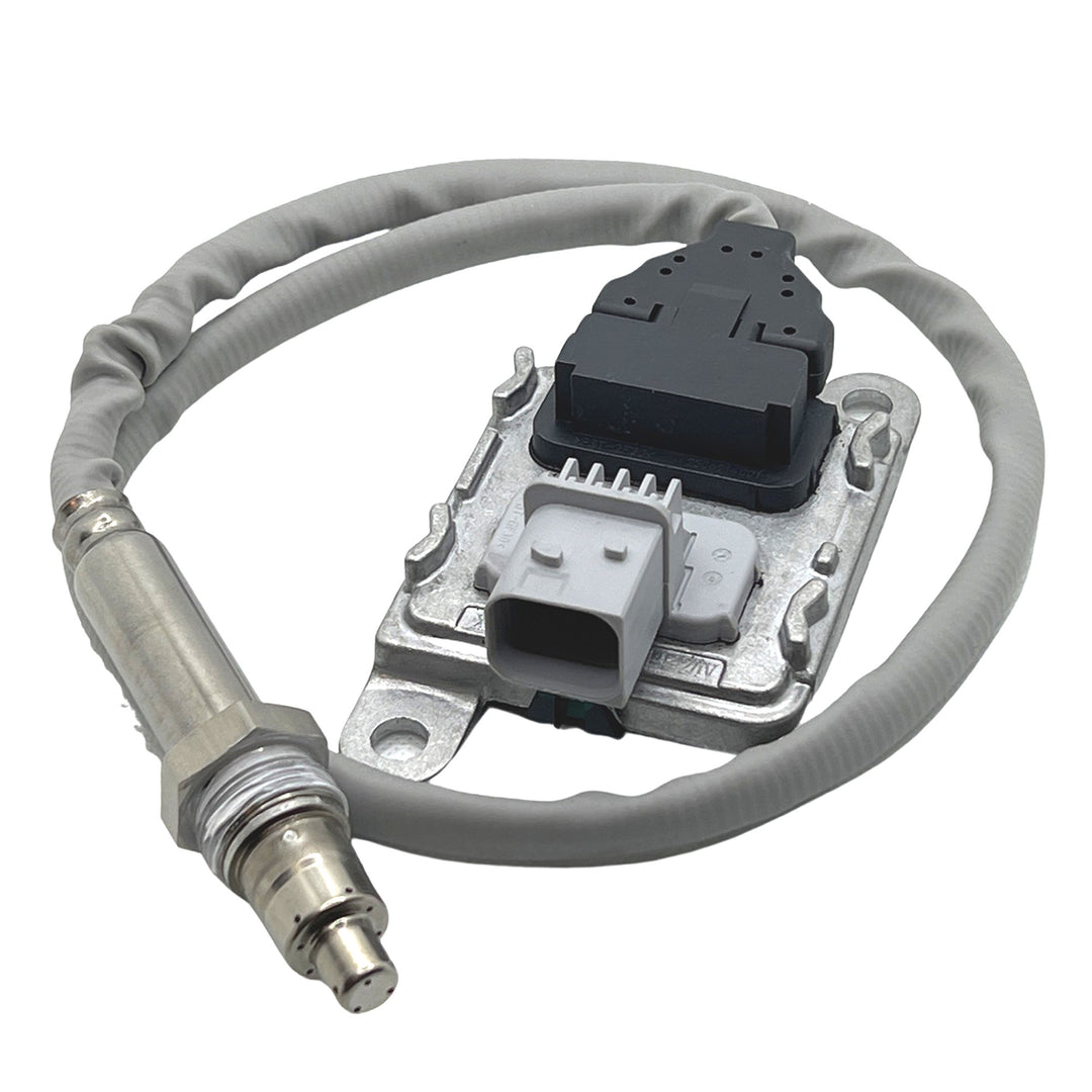 Advance Truck Parts USA EA0101532028 Detroit Diesel outlet NOx sensor showing the metallic sensor probe, light gray wire harness, and silver metal control module with black and gray connector ports