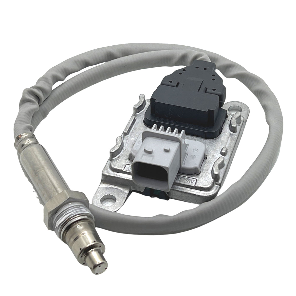 Advance Truck Parts USA EA0101532028 Detroit Diesel outlet NOx sensor showing the metallic sensor probe, light gray wire harness, and silver metal control module with black and gray connector ports