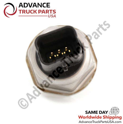 Advance Truck Parts USA Ford high pressure sensor displaying a close-up front perspective of the black connector housing and 3 male terminal pins
