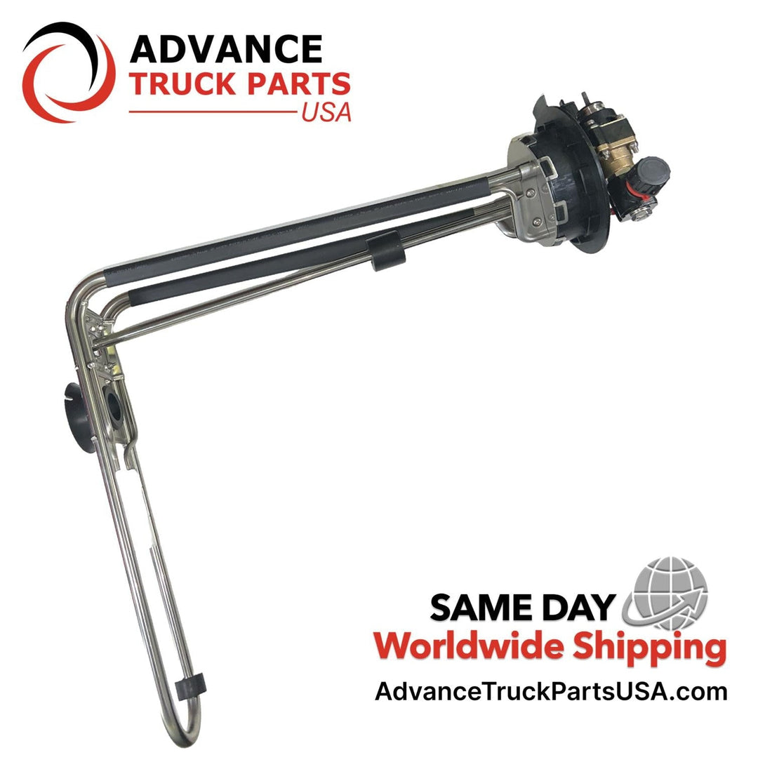Advance Truck Parts USA Freightliner Cascadia DEF header unit level sensor displaying a full-length profile view of the angled stainless steel sensing rods, black heater hoses, and top mounting flange
