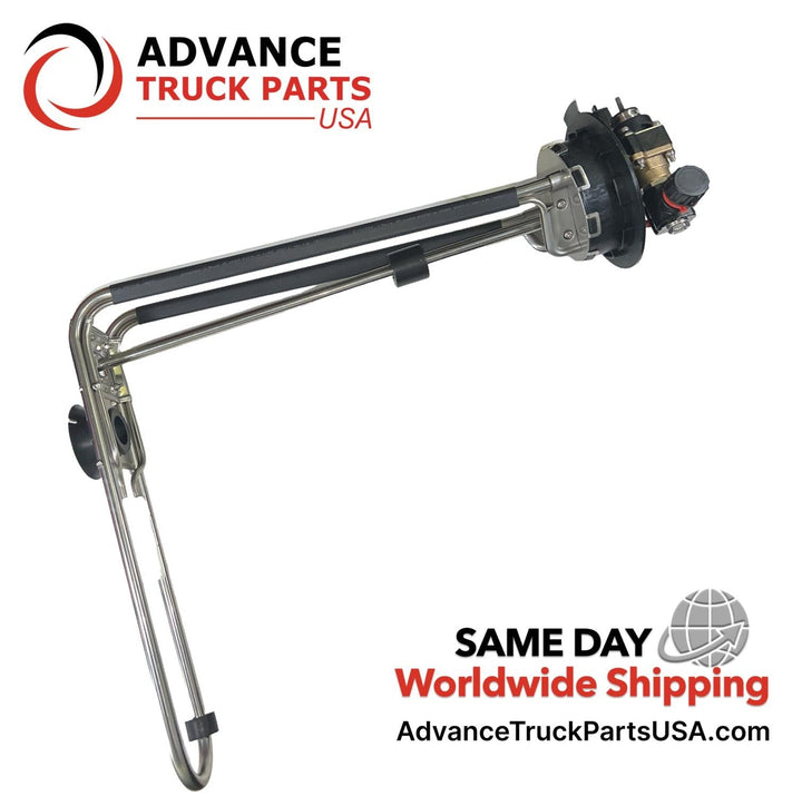 Advance Truck Parts USA Freightliner Cascadia DEF header unit level sensor displaying a full-length profile view of the angled stainless steel sensing rods, black heater hoses, and top mounting flange