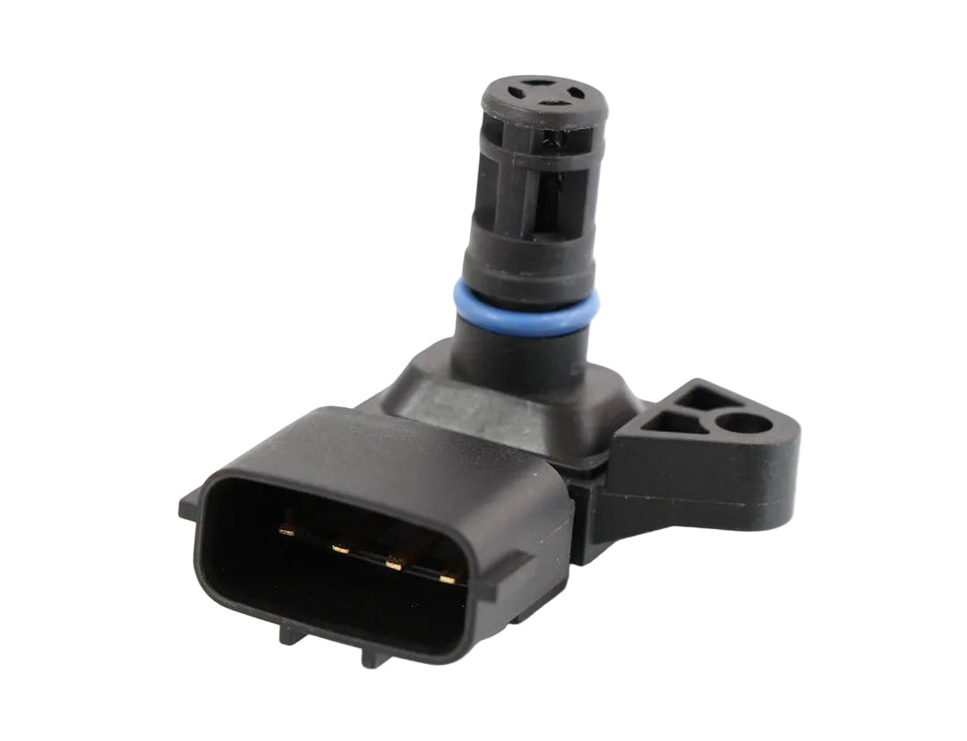 Genuine Cummins 5698456 air pressure and temperature sensor showing an angled profile of the black plastic housing, slotted sensing probe with a blue O-ring, and 4-pin electrical connector