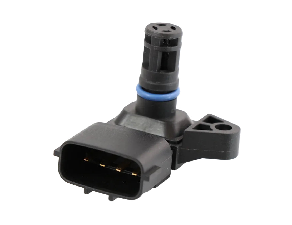 Genuine Cummins 5698456 air pressure and temperature sensor showing an angled profile of the black plastic housing, slotted sensing probe with a blue O-ring, and 4-pin electrical connector on a plain white background