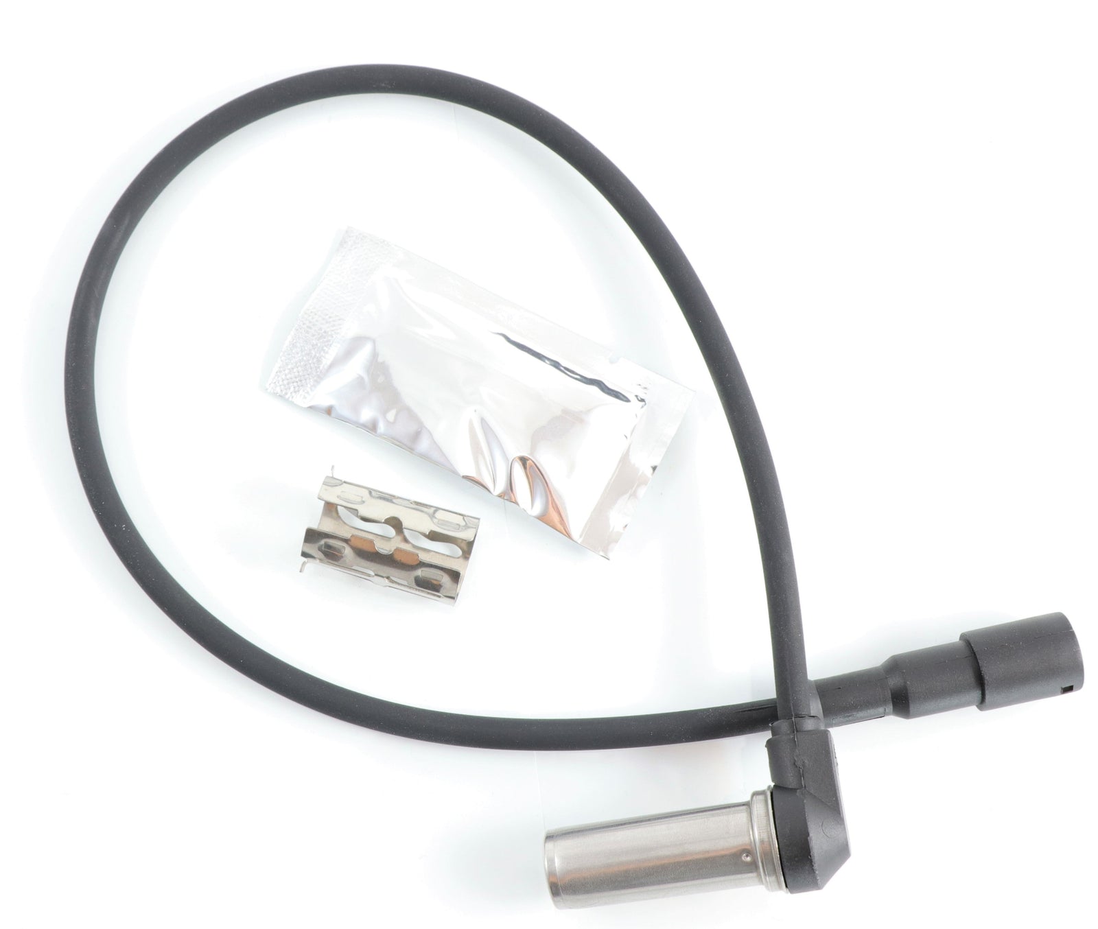 ATP Haldex HDX-AL10271914 right angle ABS sensor kit showing a clean studio view of the 20-inch sensor cable, dielectric grease packet, and sensor mounting clip on a plain white background