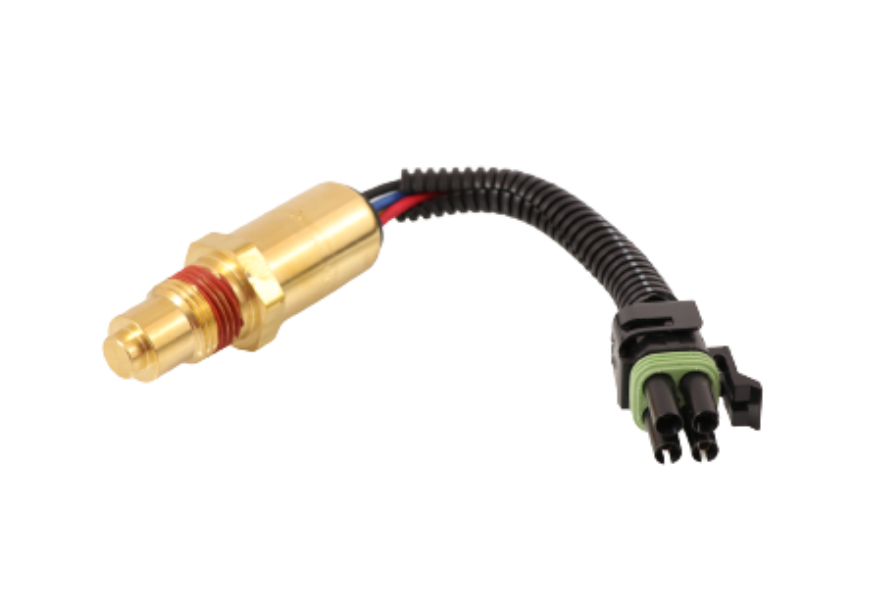 Index 8036070 200 degree Fahrenheit normally open temperature fan timer switch showing an angled profile of the brass housing, 1/2 NPTF threaded base with red sealant, and a black corrugated wire loom leading to a black connector with a light green seal on a plain white background