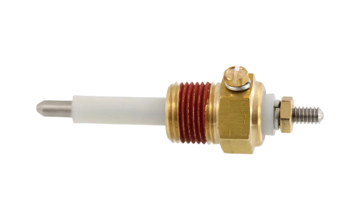 Advance Truck Parts USA low coolant level probe replacing Kysor 5022-01187-01 showing a clean studio view of the brass threaded fitting, red thread sealant, ceramic insulator, and sensor tip on a plain white background