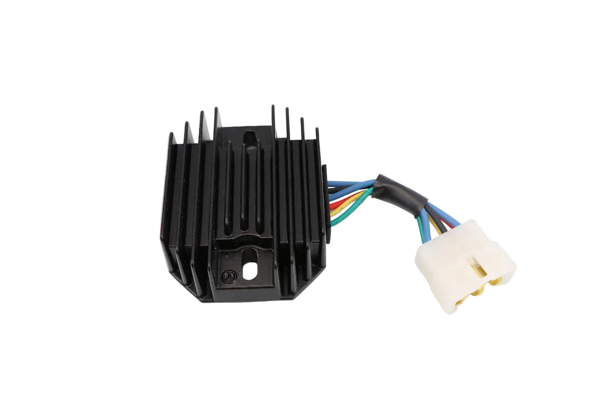 Advance Truck Parts USA M807915 John Deere voltage regulator showing a clean studio view of the black finned housing and wiring harness connector on a plain white background