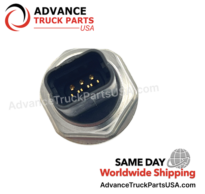 Advance Truck Parts USA International Navistar high pressure sensor displaying a close-up front perspective of the black connector housing and 3 male terminal pins