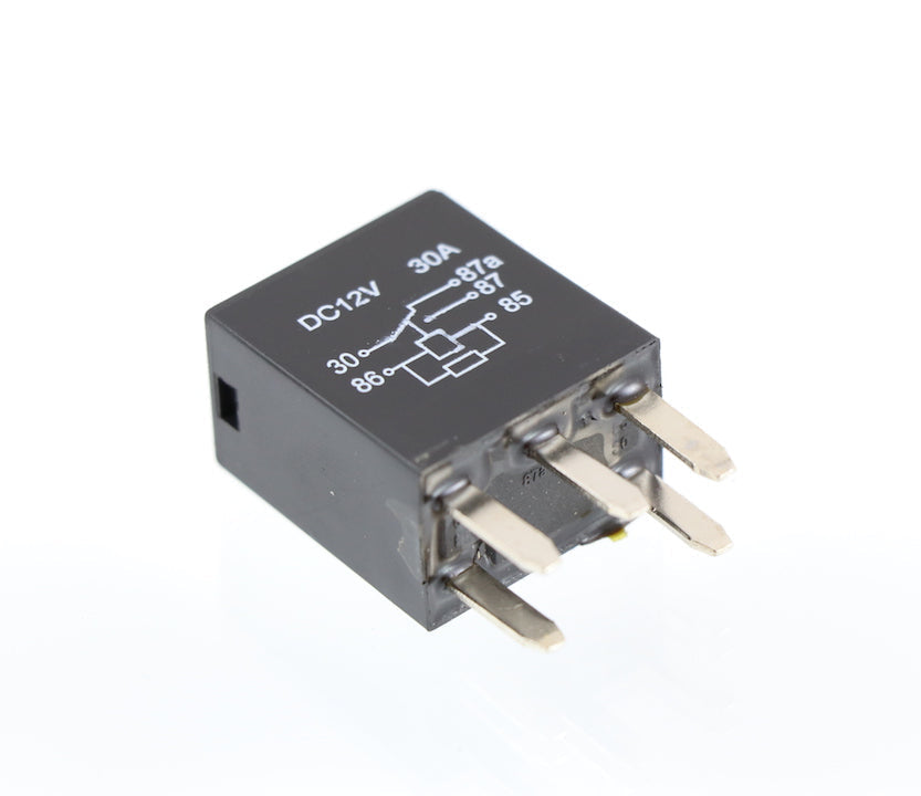 Advance Truck Parts USA 5-pin sealed 12V 30A main mini relay showing top circuit schematic and brass terminal blades