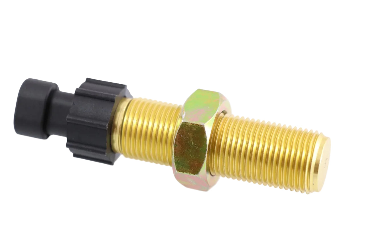 Advance Truck Parts Q21-6005 Kenworth speedometer and tachometer sensor showing a clean studio view of the threaded brass body, hex nut, and 2-pin connector on a plain white background
