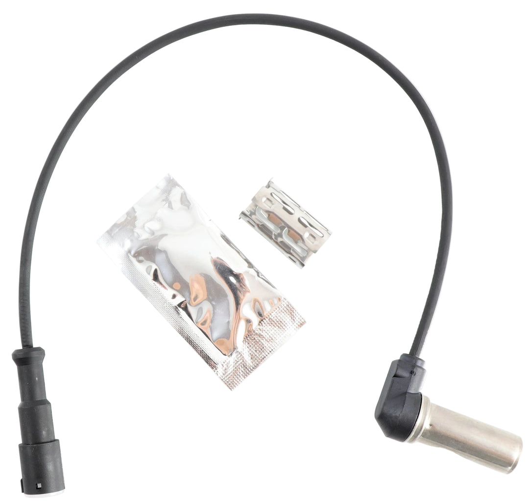 Advance Truck Parts USA R955335 right angle ABS speed sensor kit showing a clean studio view of the sensor cable, 90-degree metal probe, grease packet, and mounting clip on a plain white background