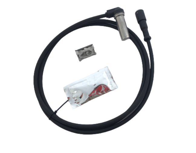 Advance Truck Parts USA R955341 right-angle anti-lock brake system speed sensor kit featuring coiled heavy-duty wire harness, 90-degree metallic probe, metal retaining clip, and dielectric grease sachet