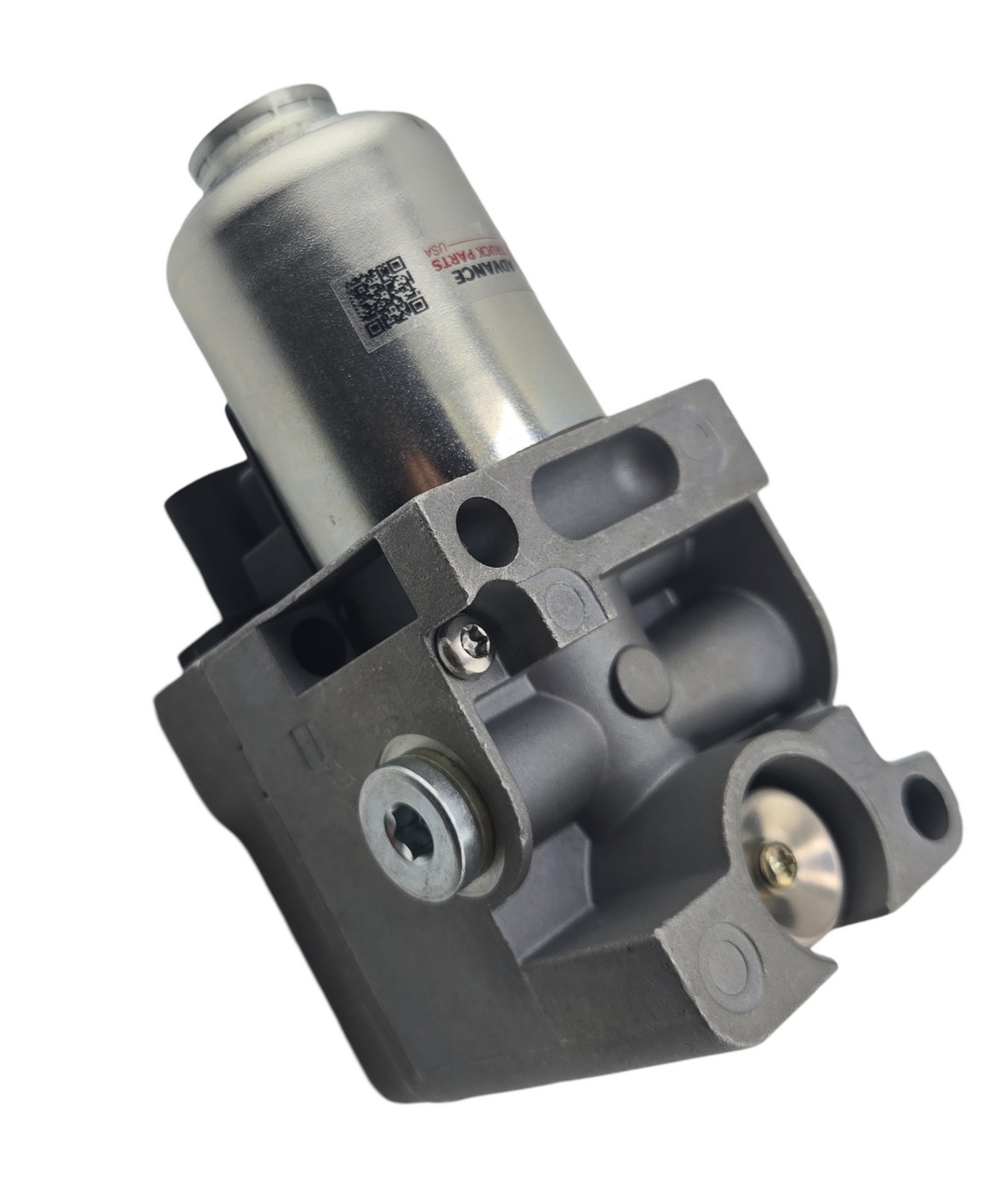 Advance Truck Parts USA RA0001532659 Freightliner VPOD control valve showcasing the grey cast metal manifold body, machined mounting holes, and silver cylindrical solenoid