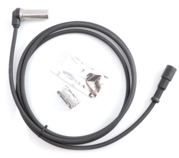 Advance Truck Parts USA S4410321840 right angle ABS sensor kit showing a studio perspective of the coiled sensor cable, right-angle sensor head, dielectric grease packet, and mounting clip