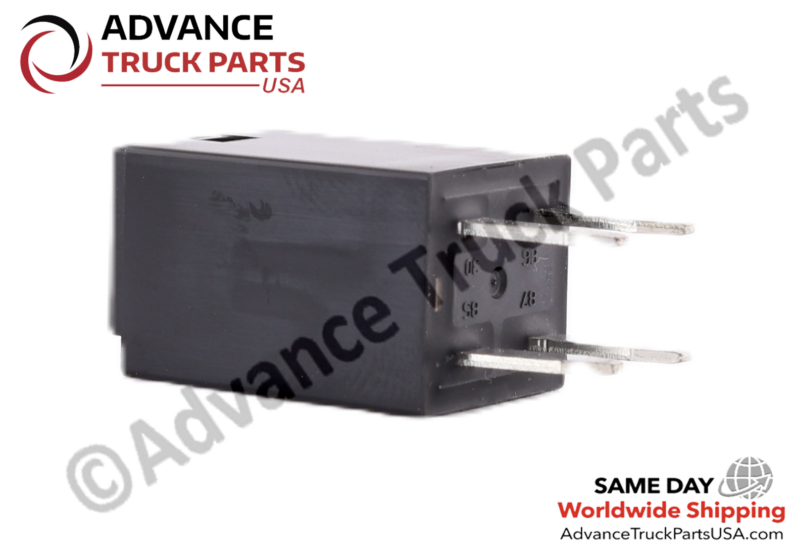 Advance Truck Parts USA studio angled side perspective highlighting the black rectangular housing and protruding terminal pins of the 24VDC micro relay on a plain background