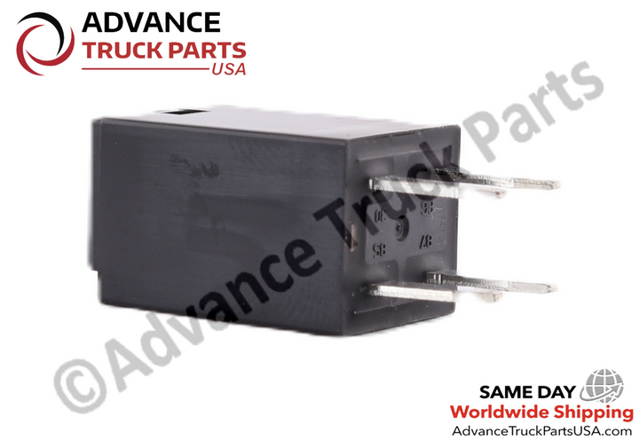Advance Truck Parts USA studio angled side perspective highlighting the black rectangular housing and protruding terminal pins of the 24VDC micro relay on a plain background