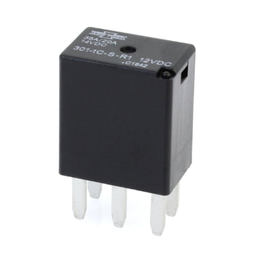 Advance Truck Parts USA Song Chuan 301-1C-S-R1-12VDC micro automotive relay showing an angled profile of the black sealed housing with printed part specifications and five metallic terminal pins on a plain white background