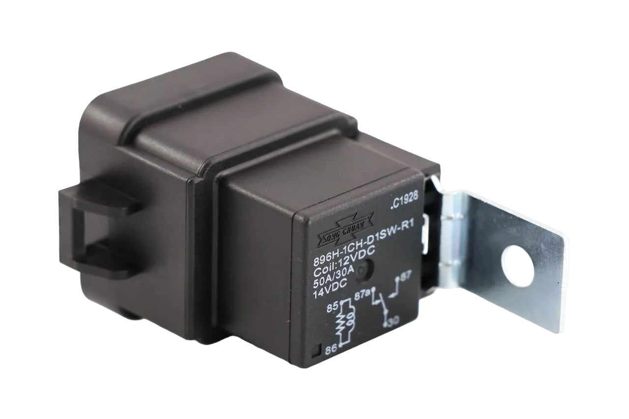 Song Chuan 896H-1CH-D1SW-R1-12VDC 12V SPDT automotive micro relay showing an angled profile of the black weatherproof dust cover, printed side specifications, and steel mounting bracket on a plain white background