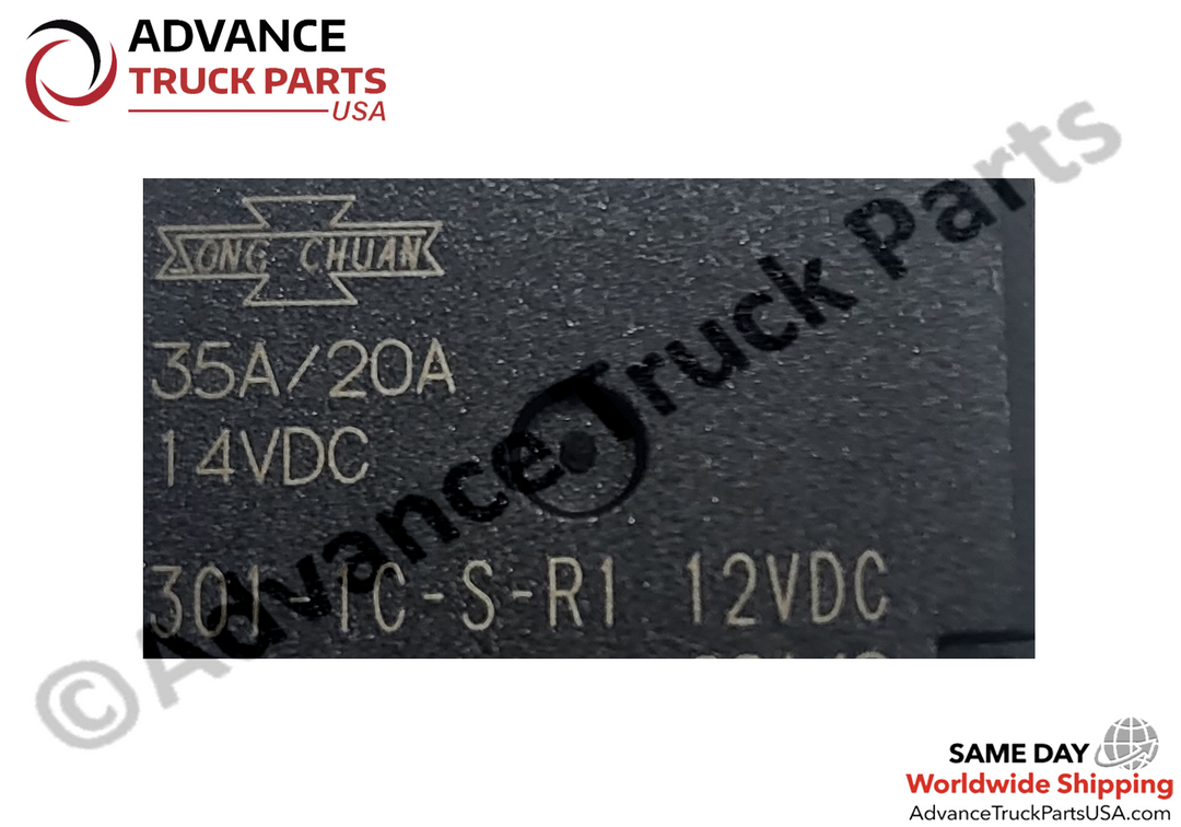 Advance Truck Parts USA Studio close-up macro perspective highlighting the printed factory specifications, 35A/20A amperage ratings, coil voltage, and manufacturer logo on the top of the black Song Chuan micro automotive relay