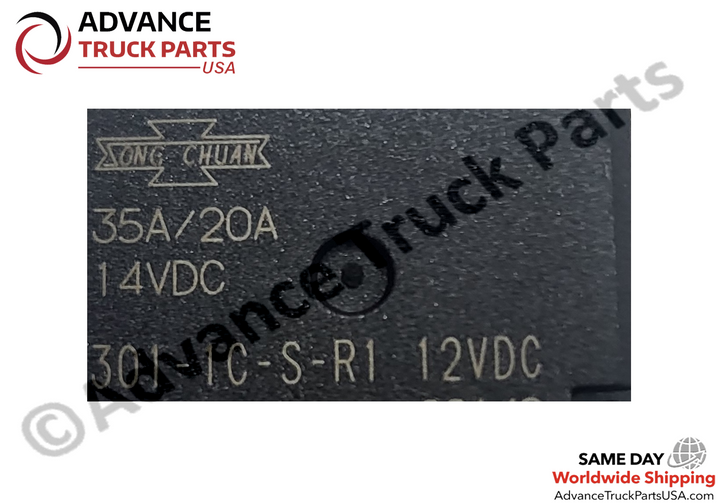 Advance Truck Parts USA Studio close-up macro perspective highlighting the printed factory specifications, 35A/20A amperage ratings, coil voltage, and manufacturer logo on the top of the black Song Chuan micro automotive relay