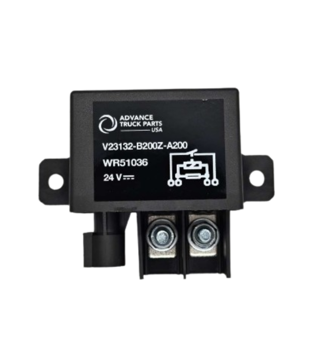 Advance Truck Parts USA V23132B2002A200 24V power relay showing a clean studio view of the black housing, mounting flanges, screw terminals, and electrical connector on a plain white background