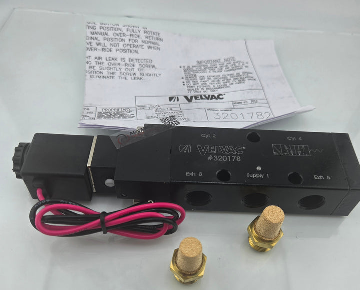 Velvac 320178 air solenoid valve displayed alongside its technical installation instruction sheet
