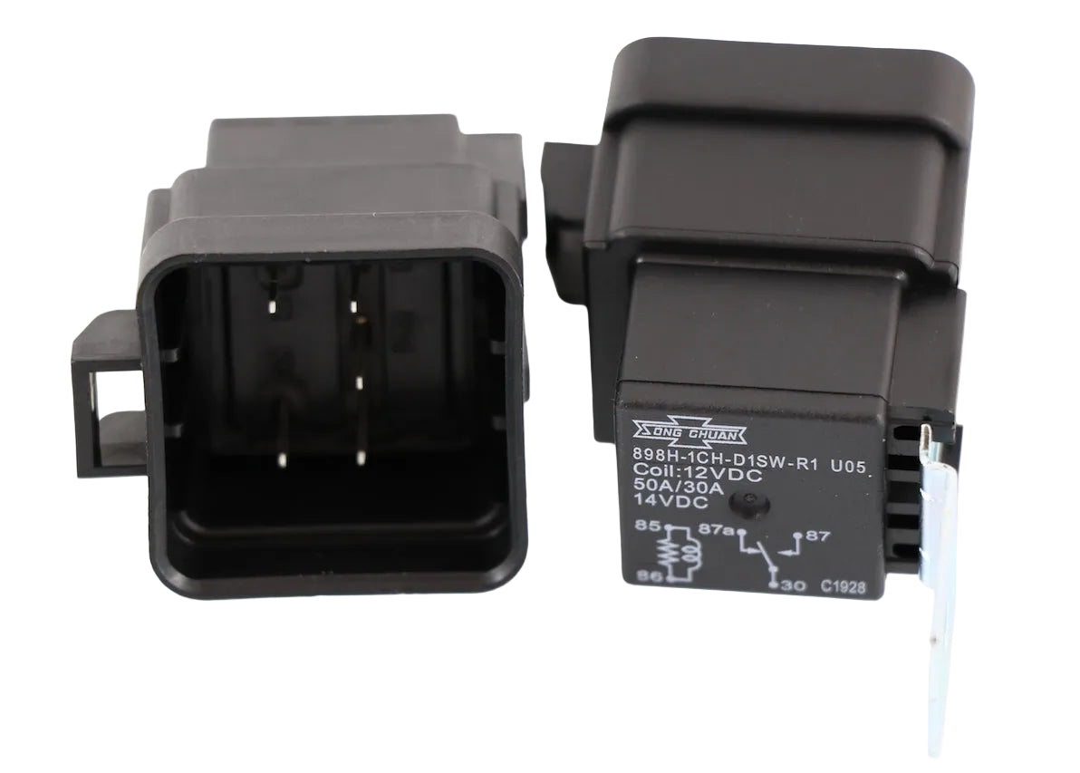 Advance Truck Parts USA VF2815F14S01 5-pin heavy-duty blower relay featuring printed circuit schematic, black polymer casing, blade terminals, and attached metal bracket