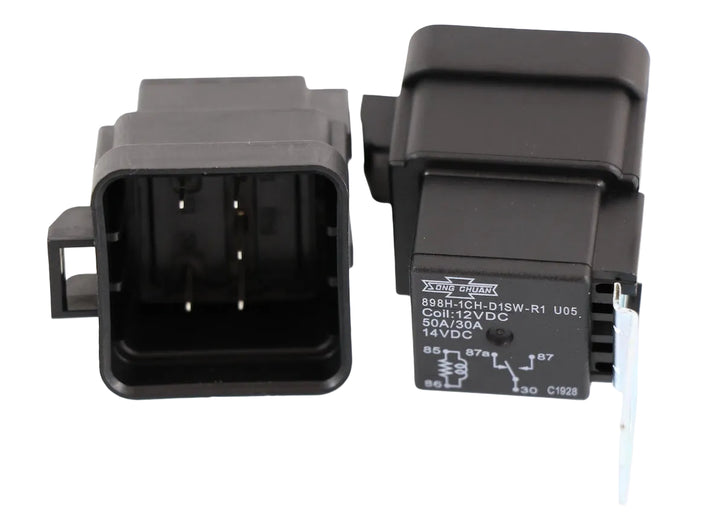 Advance Truck Parts USA VF2815F14S01 5-pin heavy-duty blower relay featuring printed circuit schematic, black polymer casing, blade terminals, and attached metal bracket