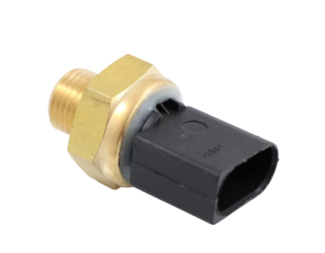 Advance Truck Parts USA W021117 Detroit Diesel oil pressure sensor featuring threaded brass body, hex mounting flange, and black polymer electrical connection housing