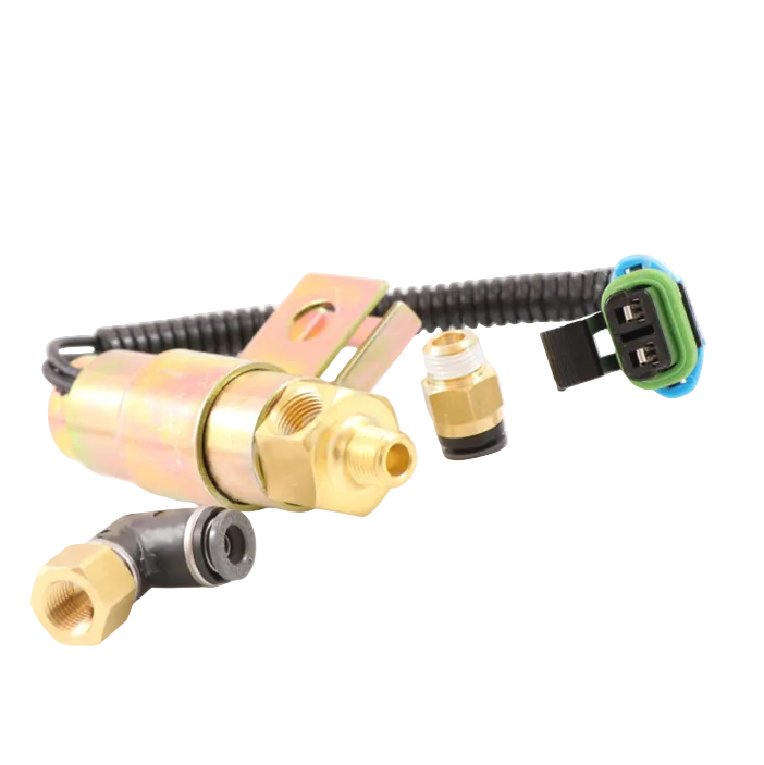 Advance Truck Parts USA W072143 Freightliner fan clutch solenoid valve kit featuring IP54 solenoid assembly, mounting bracket, 6-inch wire lead, sealed 2-pin connector, straight push-fit connector, and 90-degree push-fit connector