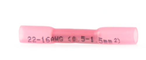Advance Truck Parts USA W091098 red waterproof heat shrink butt connector featuring 22-16 AWG wire gauge label, High Density PE insulation, and transparent sealed barrel ends