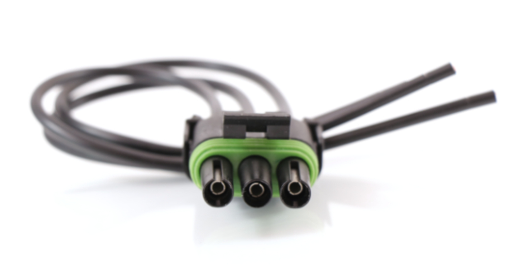 Advance Truck Parts USA W094128 3-pin pigtail harness connector featuring weather-sealed housing, green environmental seal, and looped wire leads