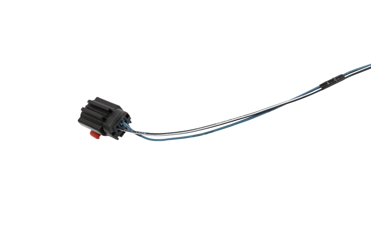 Advance Truck Parts USA W094132 pigtail connector showing a clean studio view of the black locking connector housing, red lock tab, and attached wire leads on a plain white background