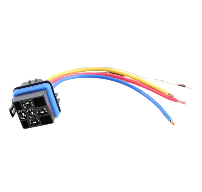 Advance Truck Parts USA W094193 harness connector for relay showing a clean studio view of the black 5-pin socket, blue weather seal, and multi-colored wire leads on a plain white background