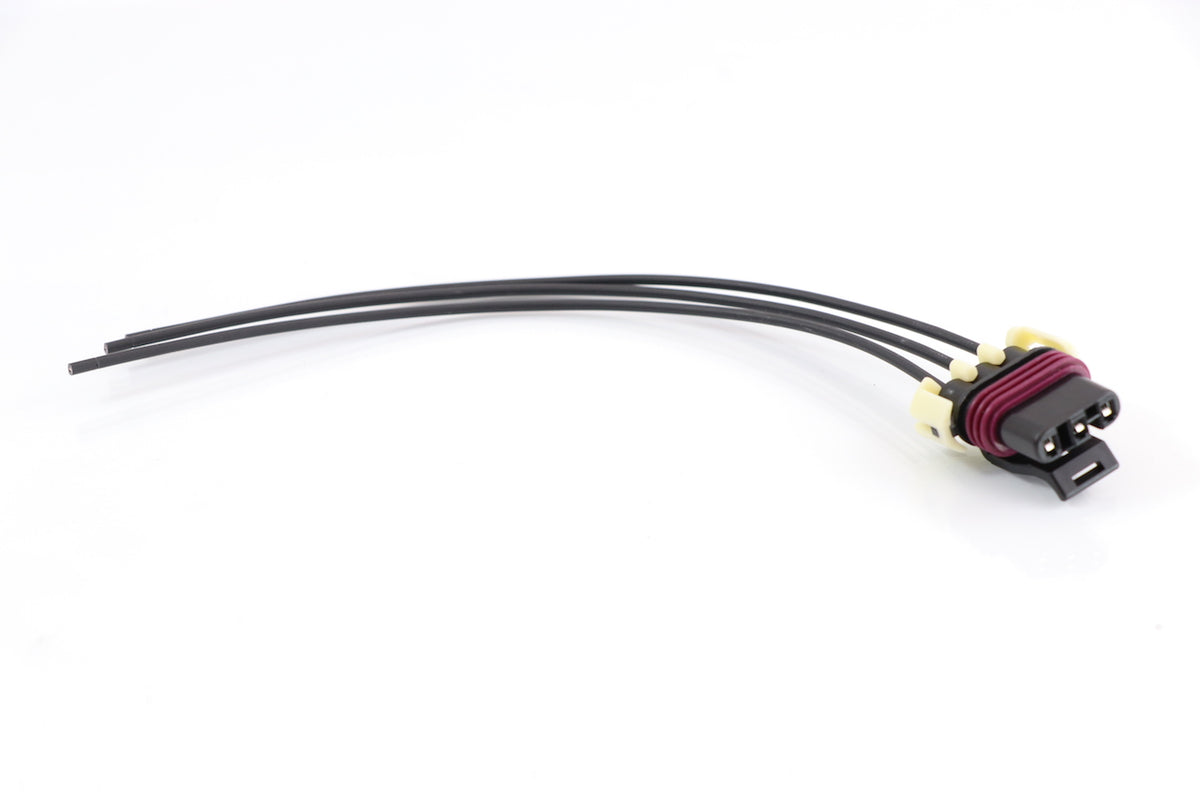 Advance Truck Parts USA W094214 3-pin electrical pigtail connector featuring 3 lead wires, weather pack seal ring, locking tab, and terminal receptacle