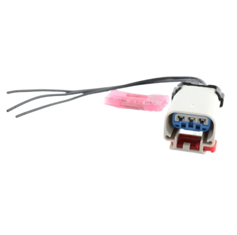 Advance Truck Parts USA W094221 Cummins ISX fuel pressure sensor harness connector showing a clean studio view of the grey plug, red locking tab, wire leads, and heat shrink connectors