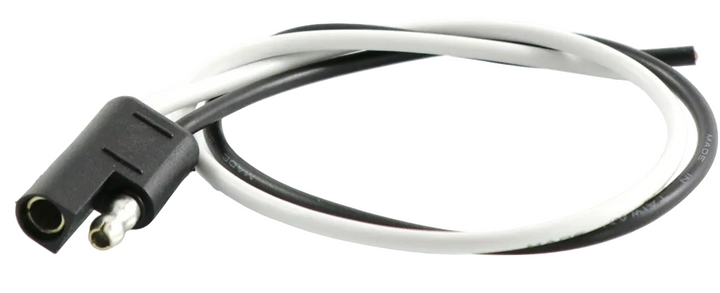Advance Truck Parts USA W094224 2-pin pigtail connector showing the black molded housing with male and female bullet terminals, and the black and white wire leads