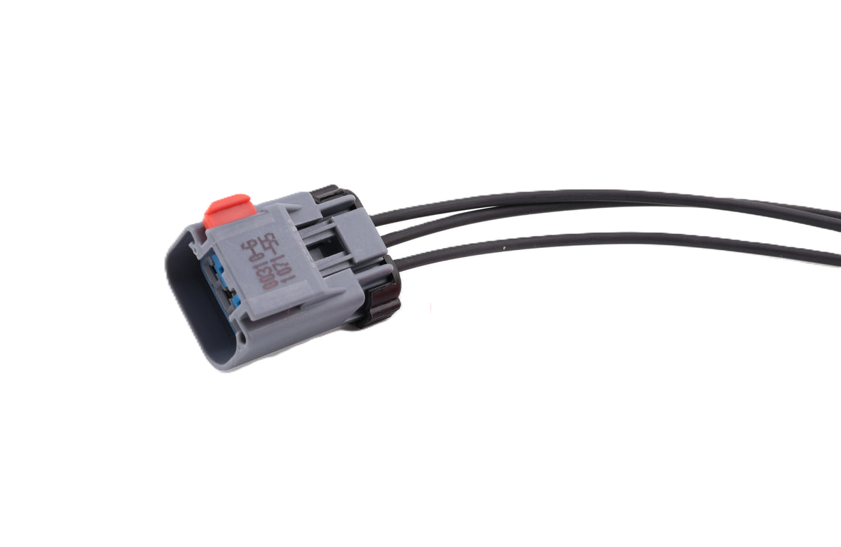 Advance Truck Parts USA W094230 pressure sensor connector showing a clean studio view of the grey 3-pin sealed plug, red locking tab, and wire leads