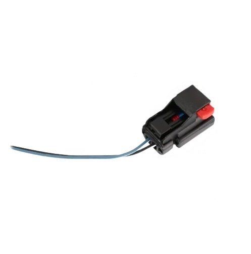 Advance Truck Parts USA W094235 pigtail connector showing a close-up studio perspective of the black housing, red locking tab, and attached wire leads