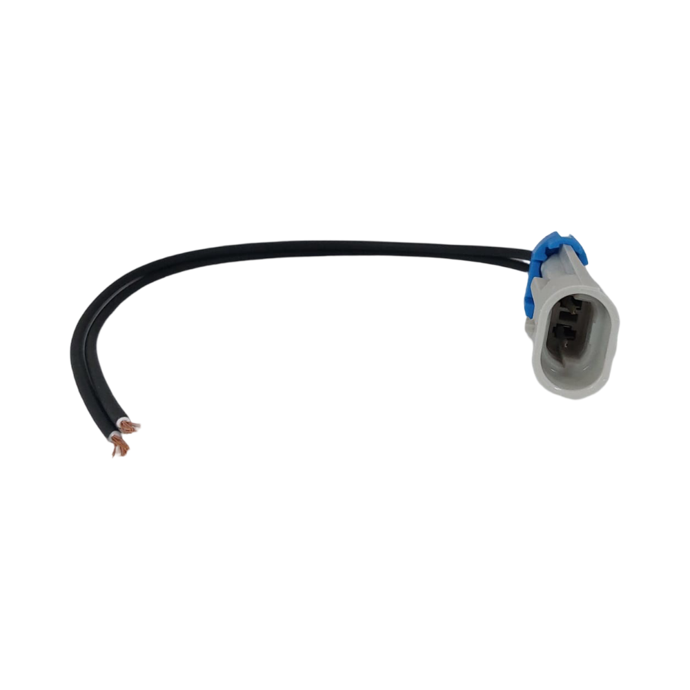 Advance Truck Parts USA W094325 2-pin pigtail connector showing the gray terminal housing, blue locking clip, and black wire leads