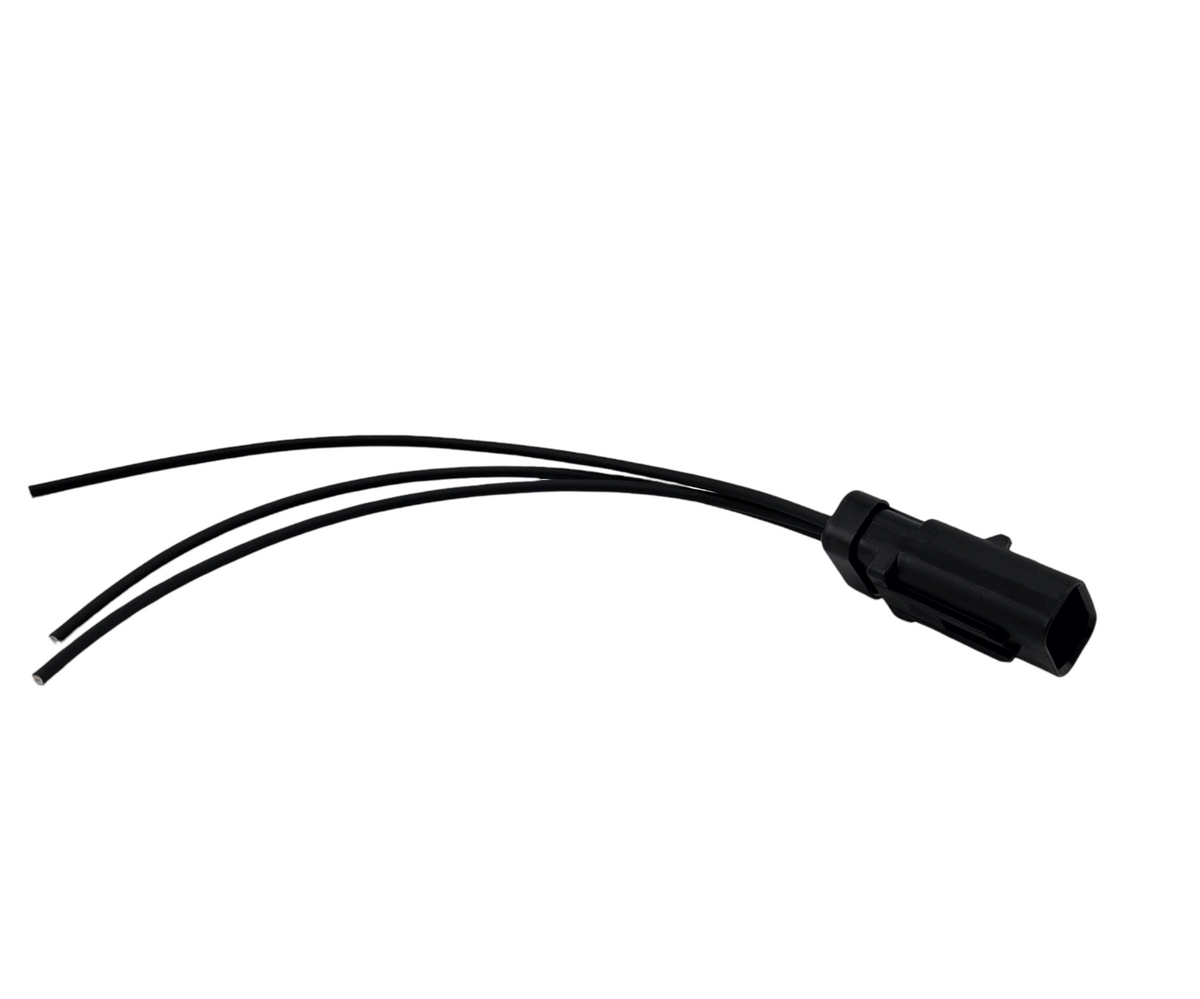 Advance Truck Parts USA W094342 3-pin HD pigtail connector showing the black molded housing and 10-inch 18 AWG black wire leads