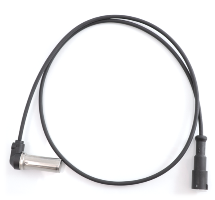 Advance Truck Parts right angle ABS sensor kit showing a clean studio view of the stainless steel sensor head, wiring harness, and connector on a plain white background