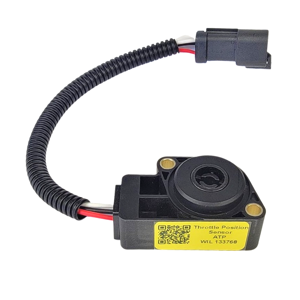 WIL 133768 ATP throttle position sensor for CAT featuring a black plastic housing, yellow label, and a wired connector in protective conduit on a plain background